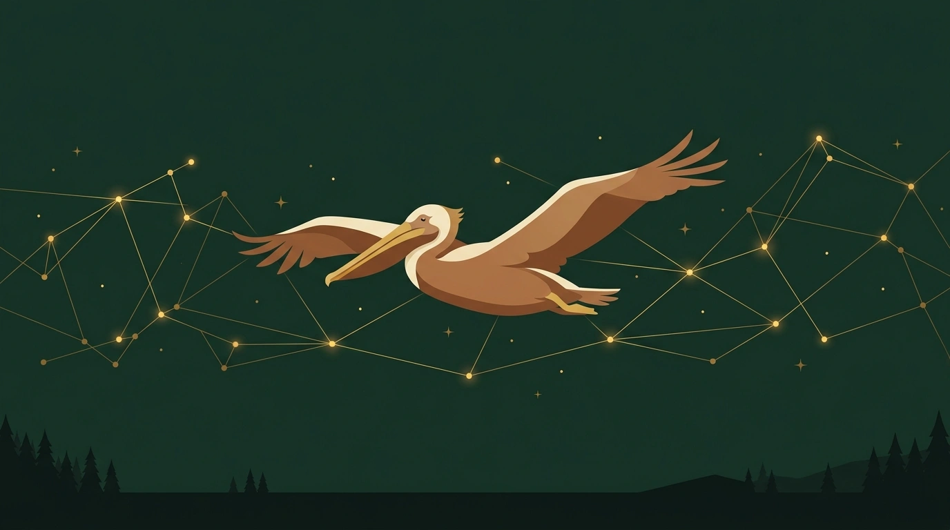 Illustration of a brown pelican gliding across a night sky of gold constellations